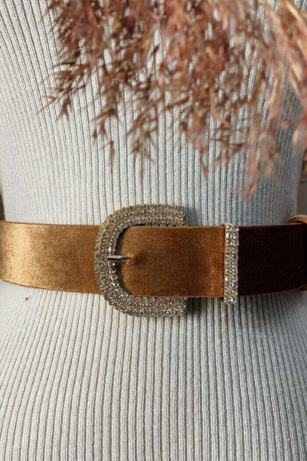 9002 Taşlı Kadife Kemer Taba - 1