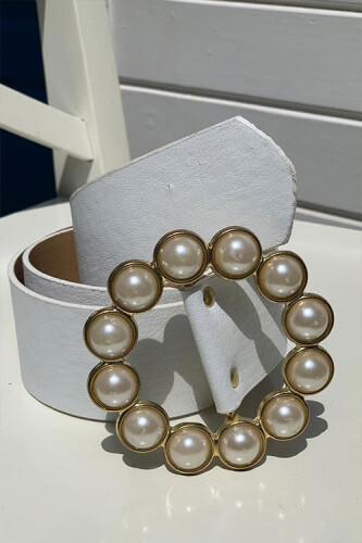 9010 Kalın İncili Kemer Ekru - Bym Fashion