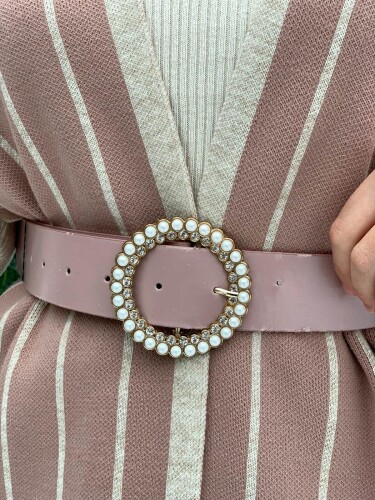 9029 İncili Üçgen Kemer Pudra - Bym Fashion