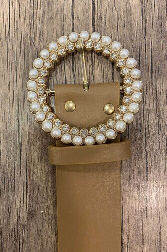 9029 İncili Üçgen Kemer Vizon - Bym Fashion