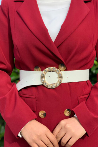 9059 Deri Taşlı Kemer Ekru - Bym Fashion