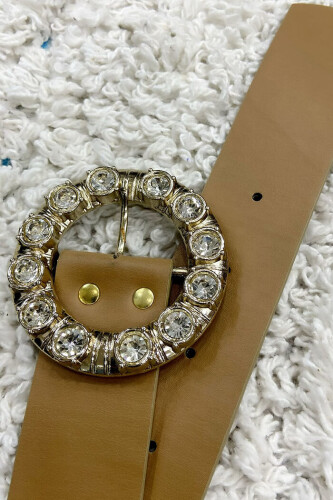 9059 Deri Taşlı Kemer Vizon - Bym Fashion