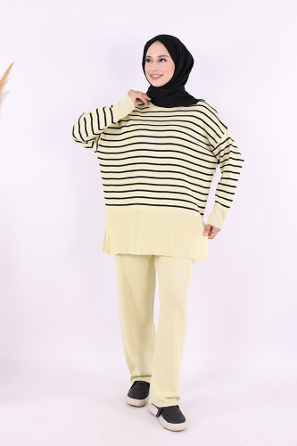 9408 Simli Çizgili Triko Takım Sarı - Bym Fashion