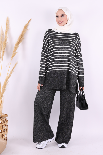 9408 Simli Çizgili Triko Takım Siyah - Bym Fashion