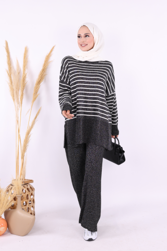9408 Simli Çizgili Triko Takım Siyah - 2