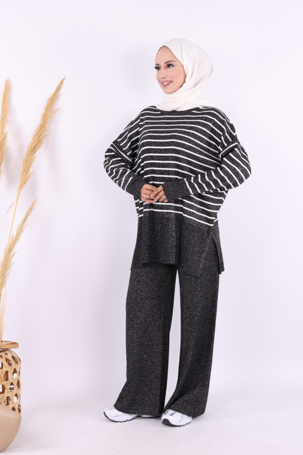 9408 Simli Çizgili Triko Takım Siyah - 3