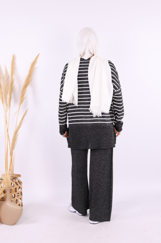 9408 Simli Çizgili Triko Takım Siyah - 4