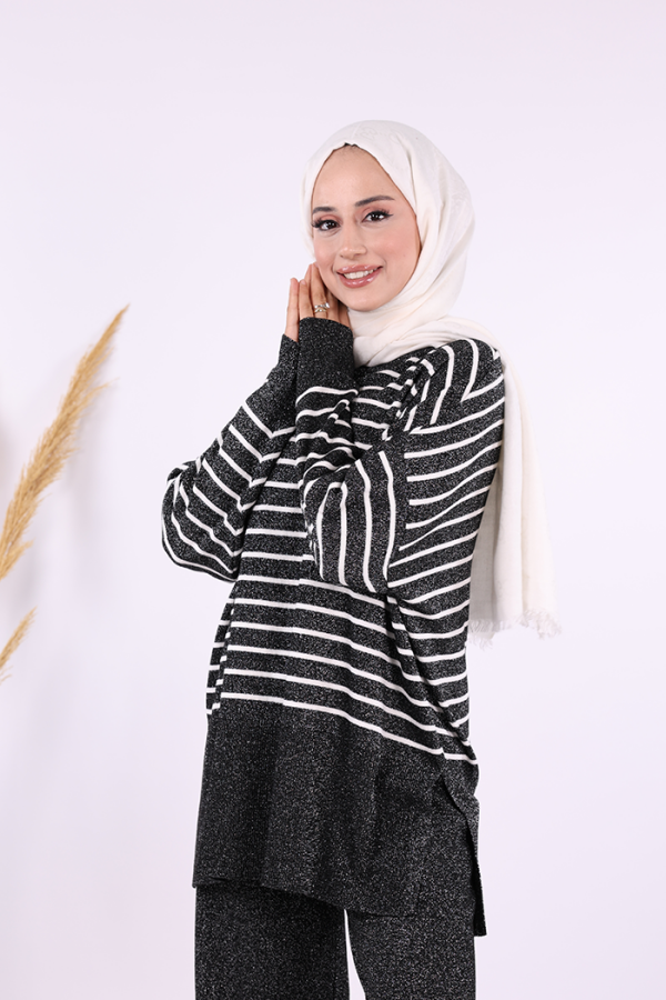 9408 Simli Çizgili Triko Takım Siyah - 5