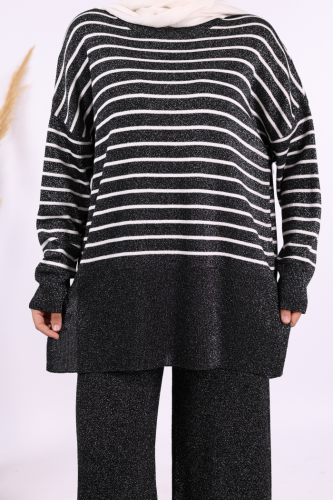 9408 Simli Çizgili Triko Takım Siyah - 6