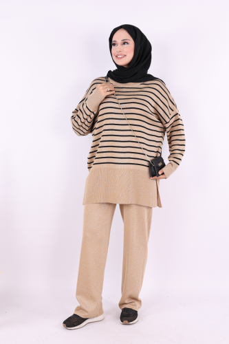 9408 Simli Çizgili Triko Takım Taba - Bym Fashion