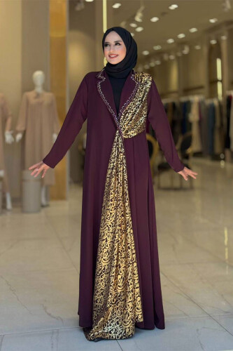 Arapça Harf Baskı Detaylı Abaya 70015 Bordo 