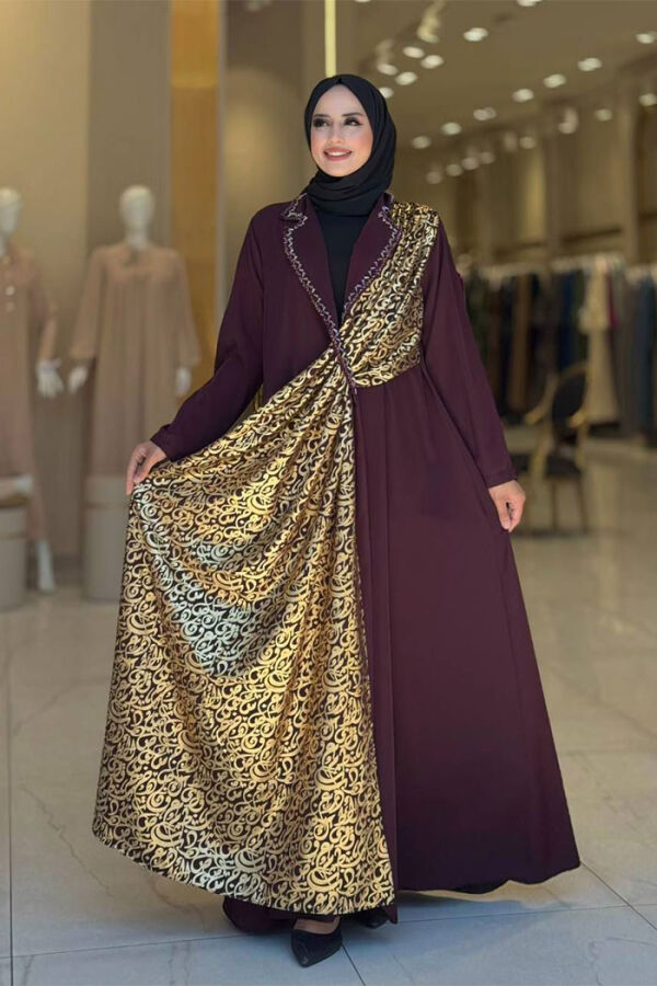 Arapça Harf Baskı Detaylı Abaya 70015 Bordo - 3