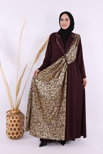 Arapça Harf Baskı Detaylı Abaya 70015 Bordo - Bym Fashion
