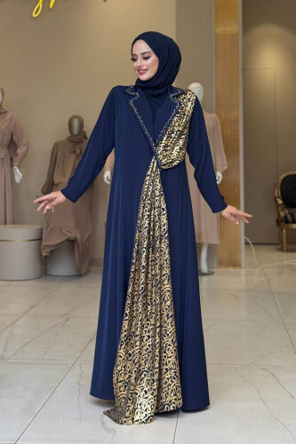 Arapça Harf Baskı Detaylı Abaya 70015 Lacivert 