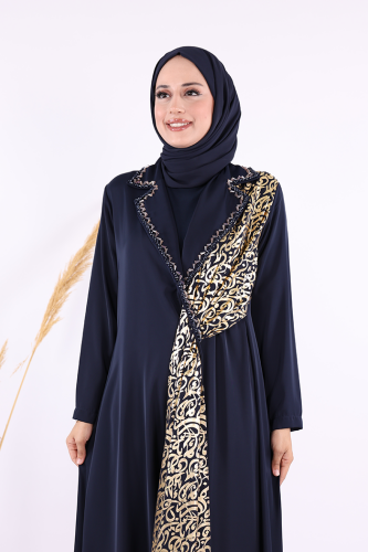 Arapça Harf Baskı Detaylı Abaya 70015 Lacivert - 6