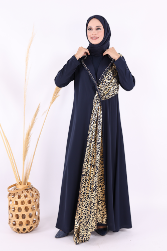 Arapça Harf Baskı Detaylı Abaya 70015 Lacivert - Bym Fashion