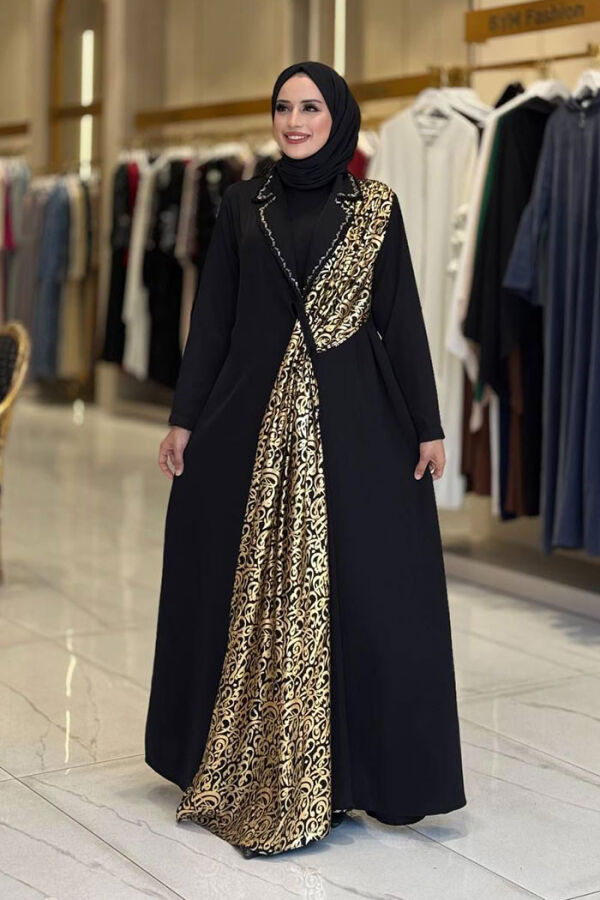 Arapça Harf Baskı Detaylı Abaya 70015 Siyah - 1