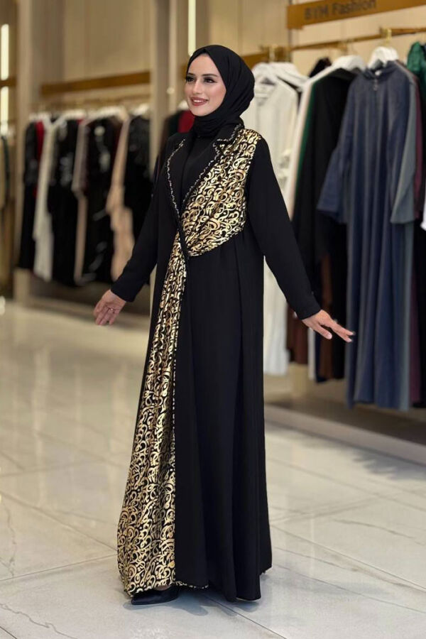 Arapça Harf Baskı Detaylı Abaya 70015 Siyah - 3