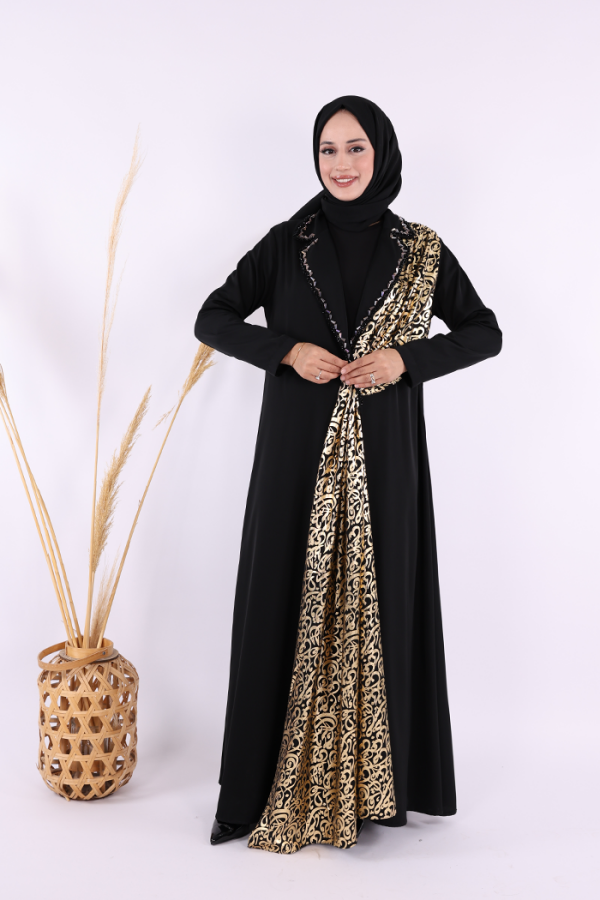 Arapça Harf Baskı Detaylı Abaya 70015 Siyah - 2