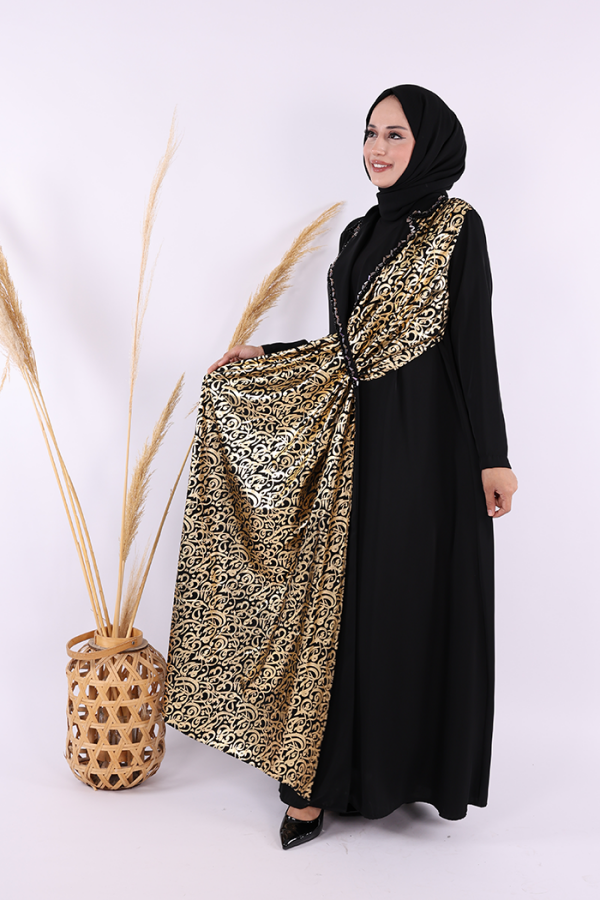 Arapça Harf Baskı Detaylı Abaya 70015 Siyah - 3