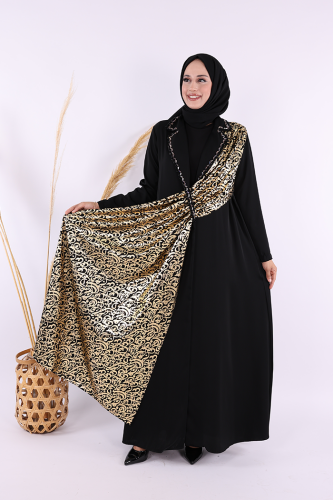 Arapça Harf Baskı Detaylı Abaya 70015 Siyah - Bym Fashion