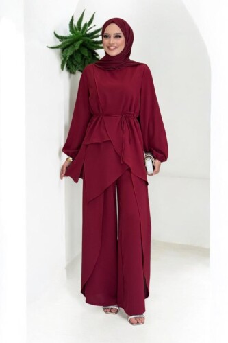 Asimetrik Kesim Tunik Pantolon İkili Takım 8694 Bordo 