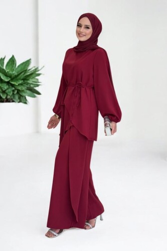 Asimetrik Kesim Tunik Pantolon İkili Takım 8694 Bordo - 3
