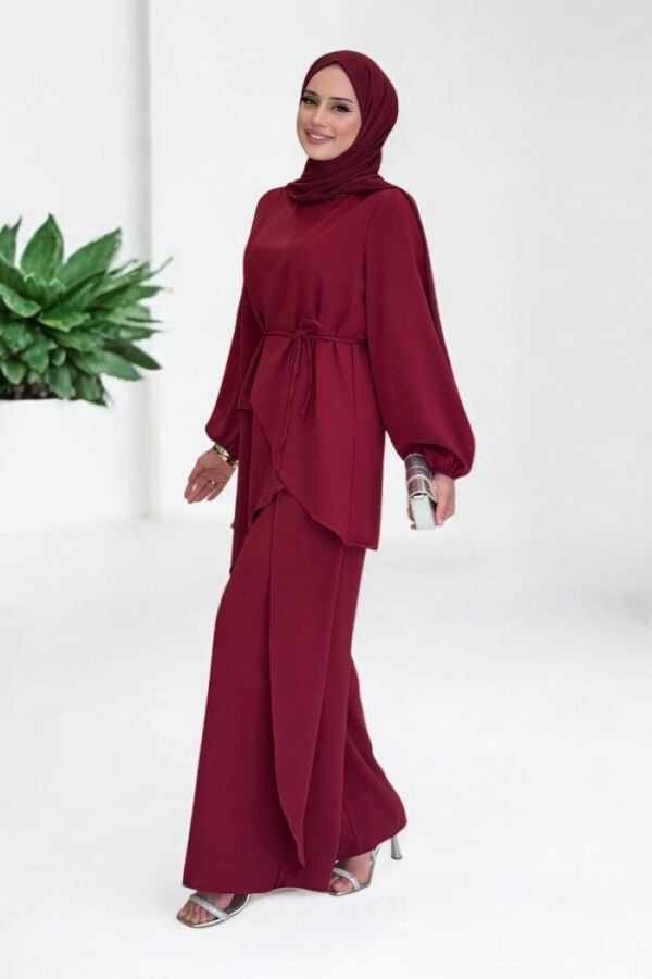 Asimetrik Kesim Tunik Pantolon İkili Takım 8694 Bordo - 3