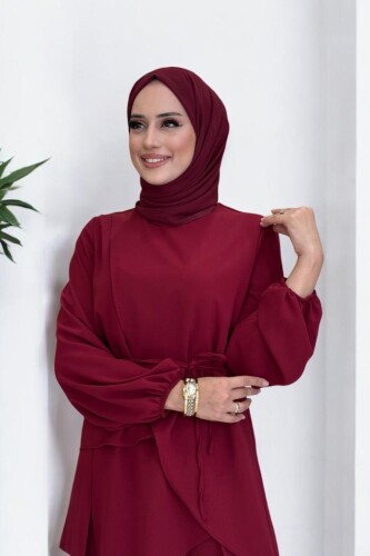 Asimetrik Kesim Tunik Pantolon İkili Takım 8694 Bordo - 4