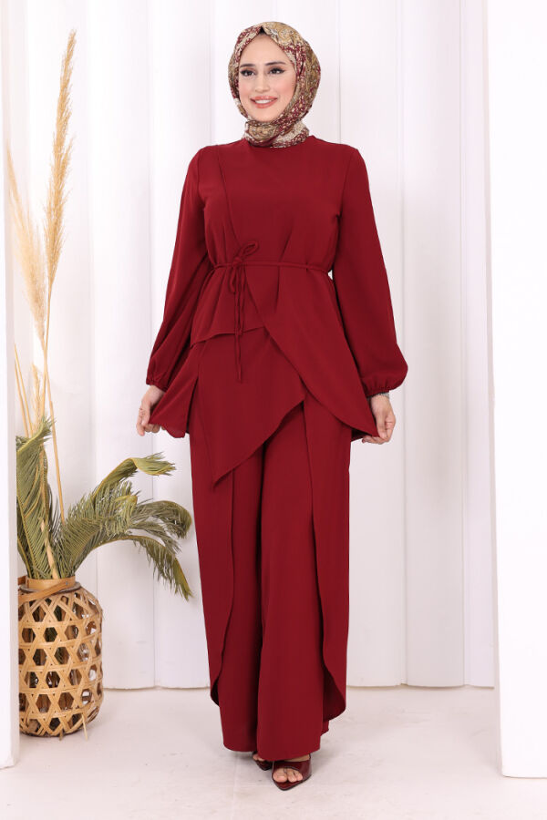 Asimetrik Kesim Tunik Pantolon İkili Takım 8694 Bordo - 1