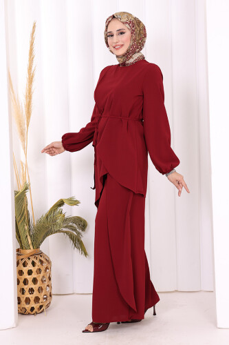 Asimetrik Kesim Tunik Pantolon İkili Takım 8694 Bordo - 2