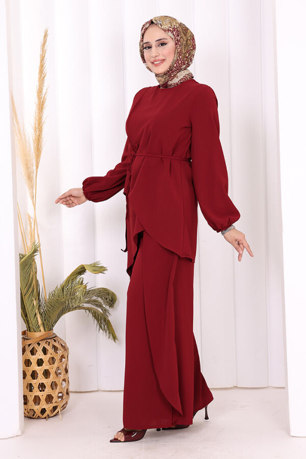 Asimetrik Kesim Tunik Pantolon İkili Takım 8694 Bordo - 2