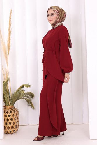 Asimetrik Kesim Tunik Pantolon İkili Takım 8694 Bordo - 3