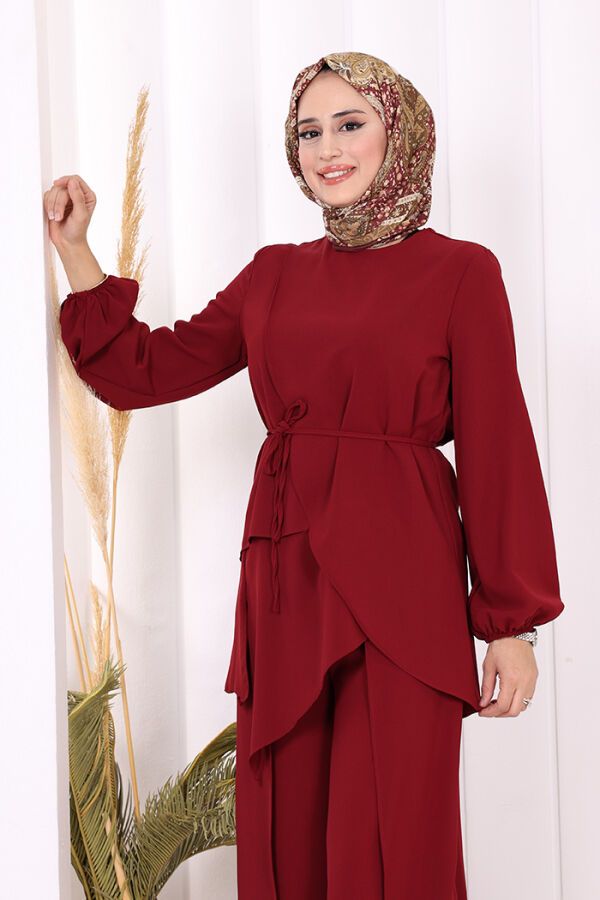 Asimetrik Kesim Tunik Pantolon İkili Takım 8694 Bordo - 5