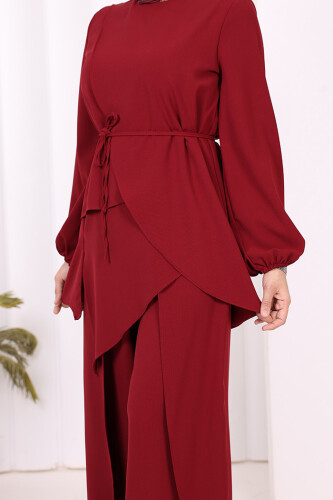 Asimetrik Kesim Tunik Pantolon İkili Takım 8694 Bordo - 6