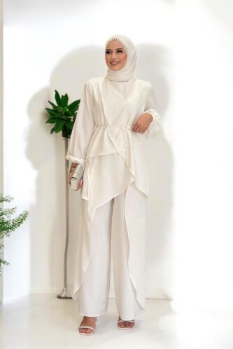Asimetrik Kesim Tunik Pantolon İkili Takım 8694 Ekru 