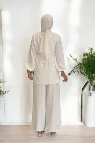 Asimetrik Kesim Tunik Pantolon İkili Takım 8694 Ekru - 2