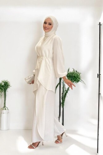 Asimetrik Kesim Tunik Pantolon İkili Takım 8694 Ekru - 3