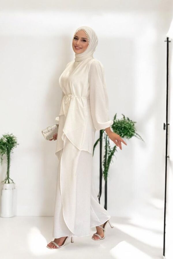 Asimetrik Kesim Tunik Pantolon İkili Takım 8694 Ekru - 3