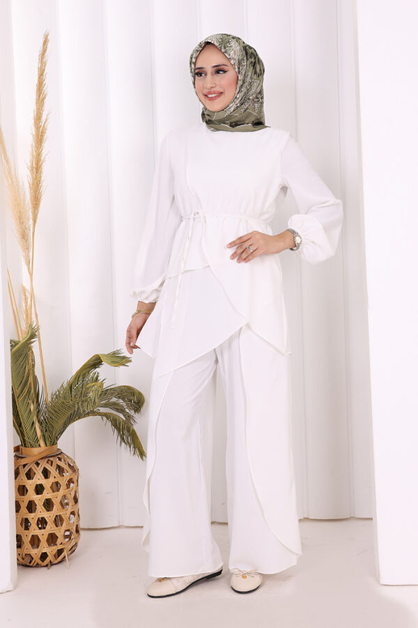 Asimetrik Kesim Tunik Pantolon İkili Takım 8694 Ekru - 1