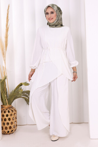 Asimetrik Kesim Tunik Pantolon İkili Takım 8694 Ekru - 2