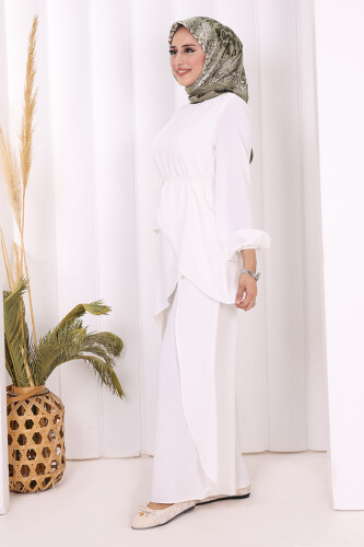 Asimetrik Kesim Tunik Pantolon İkili Takım 8694 Ekru - 3