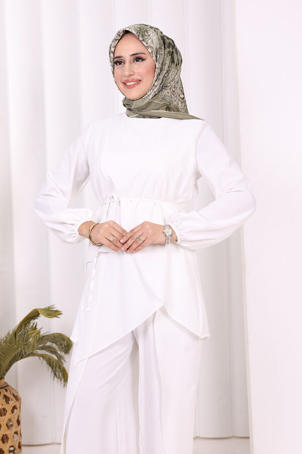 Asimetrik Kesim Tunik Pantolon İkili Takım 8694 Ekru - 5