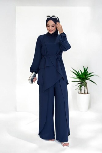 Asimetrik Kesim Tunik Pantolon İkili Takım 8694 Lacivert 