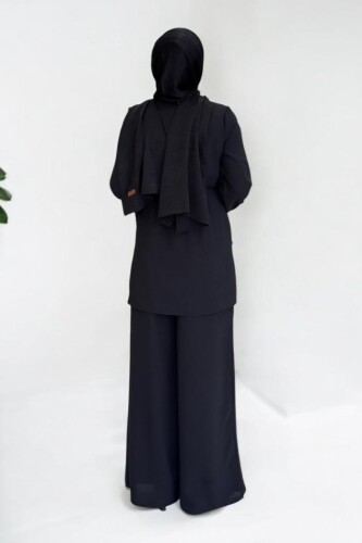Asimetrik Kesim Tunik Pantolon İkili Takım 8694 Siyah - 2