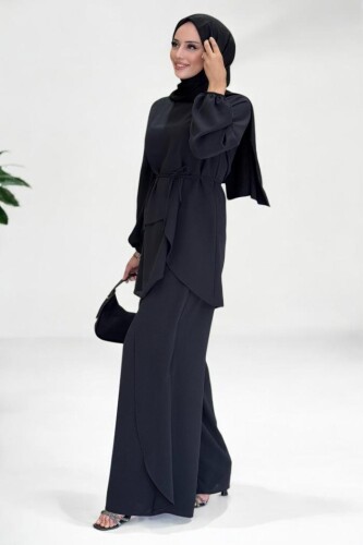 Asimetrik Kesim Tunik Pantolon İkili Takım 8694 Siyah - 3