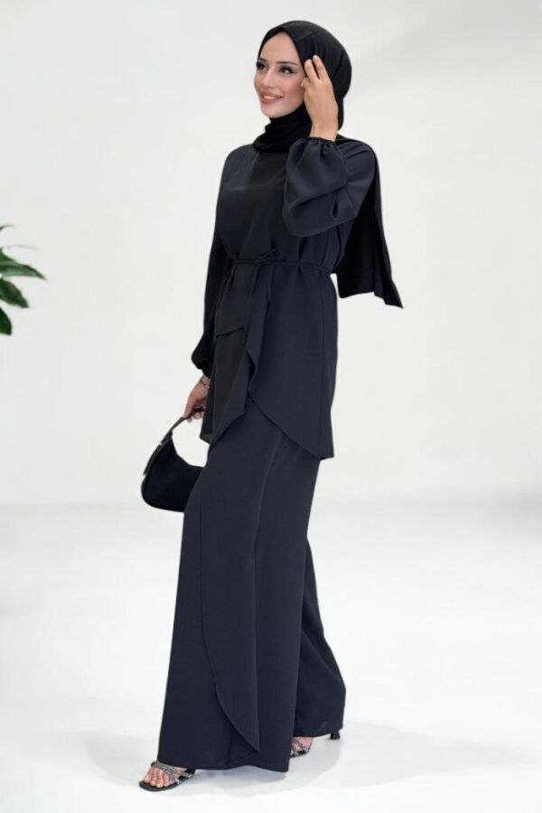 Asimetrik Kesim Tunik Pantolon İkili Takım 8694 Siyah - 3