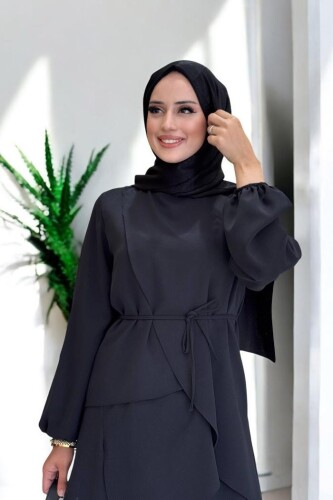 Asimetrik Kesim Tunik Pantolon İkili Takım 8694 Siyah - 4