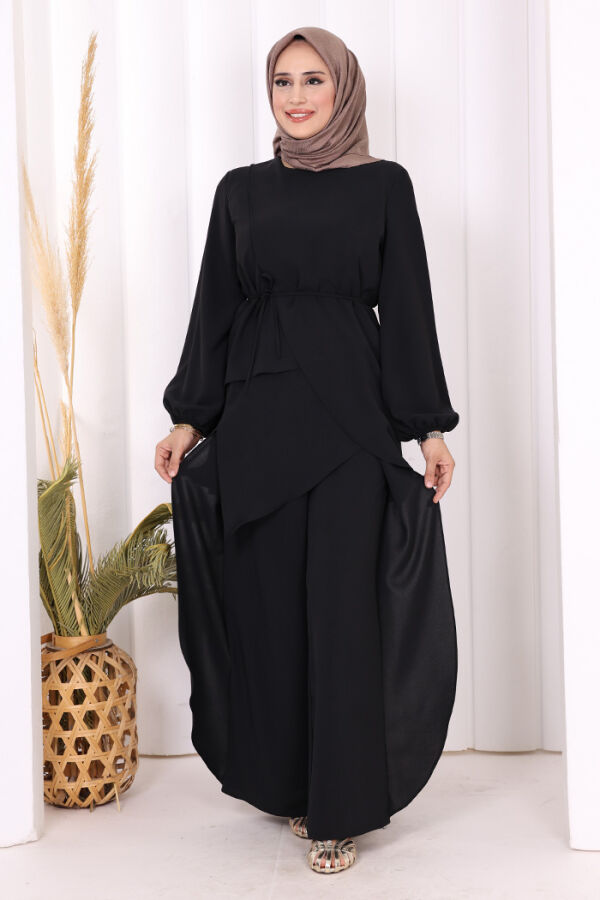 Asimetrik Kesim Tunik Pantolon İkili Takım 8694 Siyah - 1