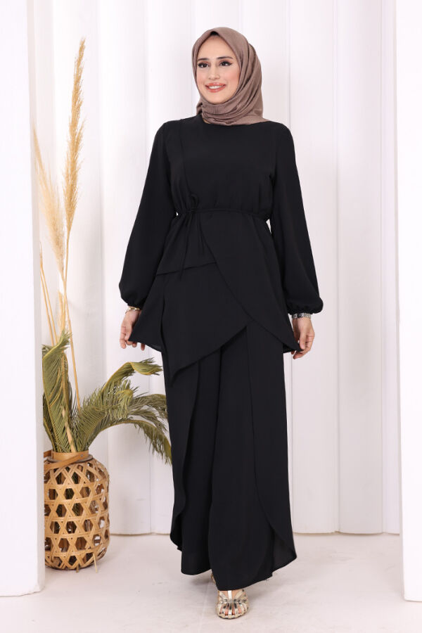 Asimetrik Kesim Tunik Pantolon İkili Takım 8694 Siyah - 2